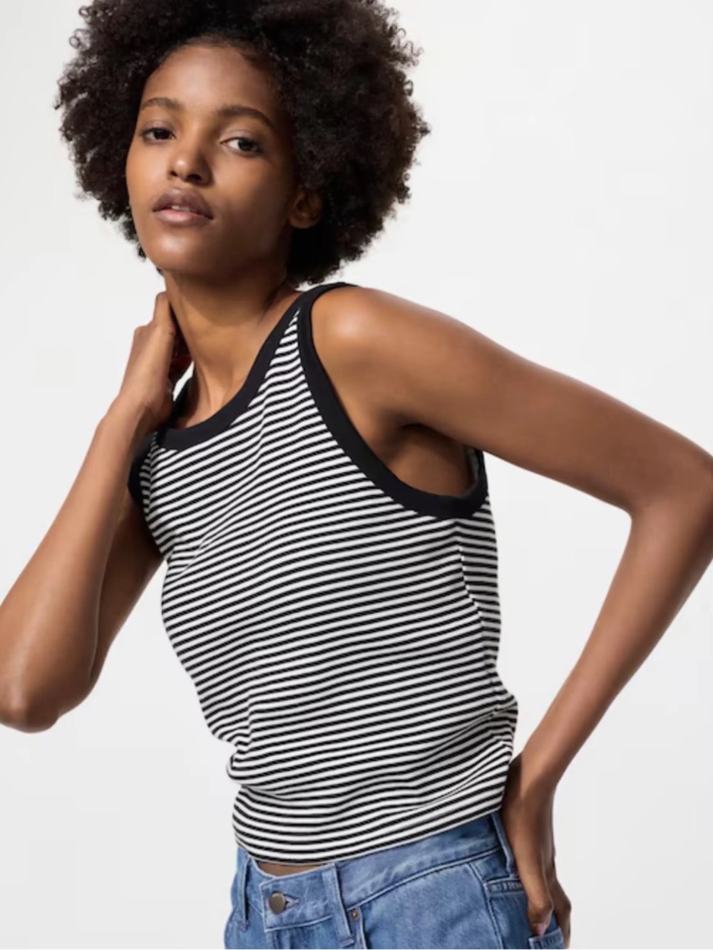 Uniqlo Ribbed Cropped Bra Sleeveless Top Black & White Striped Racerback L NWT